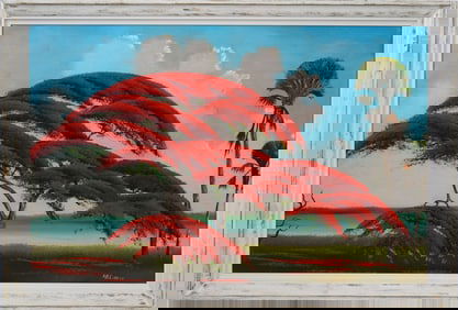 Mary Ann Carroll Vintage Upson board Florida Highwaymen Painting - bright red poinciana tree.  Mary