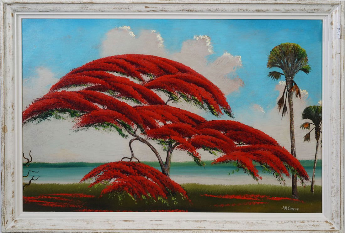 Mary Ann Carroll Vintage Upson board Florida Highwaymen Painting - bright red poinciana tree. Mary: Mary Ann Carroll Vintage Upson board Florida Highwaymen Painting - bright red poinciana tree. Mary Ann Carroll (FL. 1940-2019) 24 x 36 inches. Overall framed size 26-1/2 x 39 inches.
