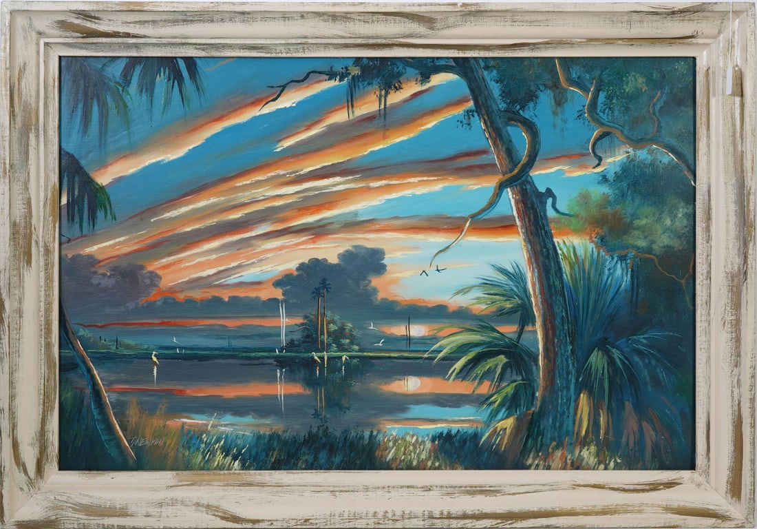 Newton, Tracy - Florida Artist Painting. Son of Florida Highwaymen Sam Newton. Oil on Masonite -: Newton, Tracy - Florida Artist Painting. Son of Florida Highwaymen Sam Newton. Oil on Masonite - signed lower right. Executed in brush and palette knife. 24 x 36 inches. Overall framed size 28-1/2 x 4