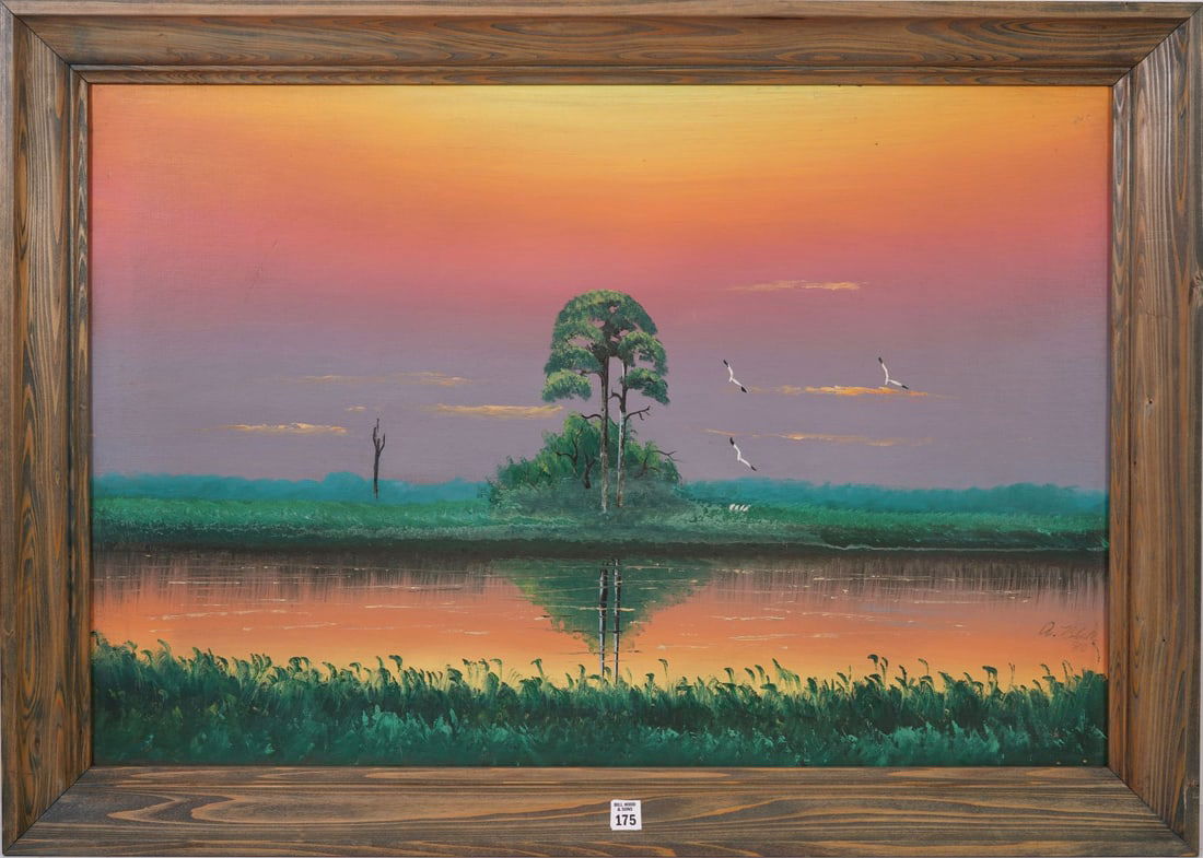 Al Black Highwayman Fire Sky Vintage Upson: Al Black Highwayman Fire Sky Vintage Upson Painting Al (Blood) Black (American, 1946-2025), original on Upson board depicting a Florida Everglades sunset. Oil on Upson board, 24 x 36 inches. Overall 2