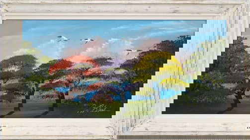 Al Black Florida Highwayman Oil on Masonite, Row of Purple Jacaranda, Red Poinciana, and Yellow