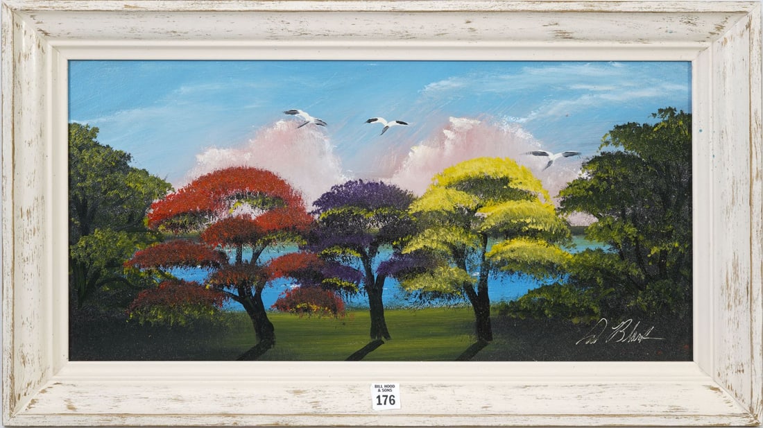 Al Black Florida Highwayman Oil on Masonite, Row of Purple Jacaranda, Red Poinciana, and Yellow: Al Black Florida Highwayman Oil on Masonite, Row of Purple Jacaranda, Red Poinciana, and Yellow Tabebuia trees. 12 x 24 inches. Overall framed size 15 x 27 inches