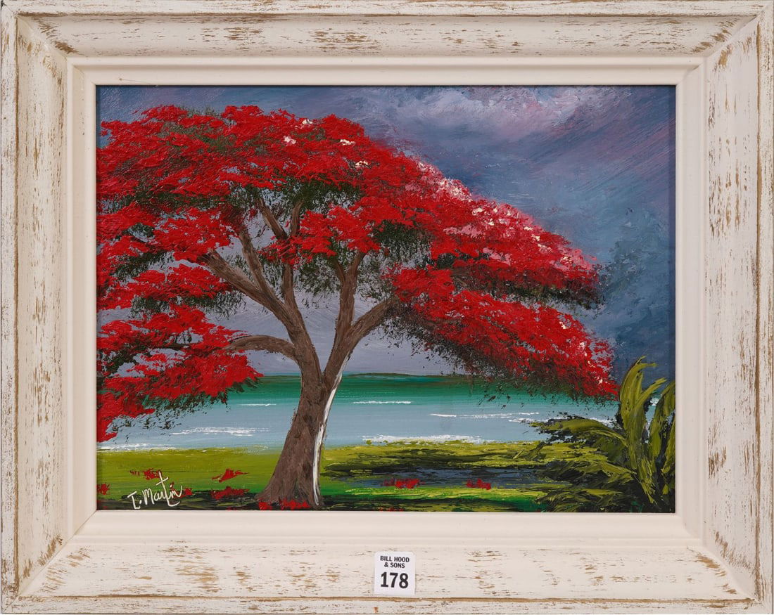 Todd Martin (b 1965) American - Florida. Highwaymen-style artist, a formal student of Hall of Fame: Todd Martin (b 1965) American - Florida. Highwaymen-style artist, a formal student of Hall of Fame Highwaymen Artist Al Black. Oil on Masonite Royal Poinciana Tree. 12 x 16 inches, overall framed size