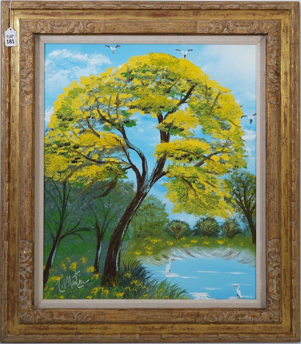 Todd Martin (b 1965) American - Florida. Highwaymen-style artist, a formal student of Hall of Fame: Todd Martin (b 1965) American - Florida. Highwaymen-style artist, a formal student of Hall of Fame Highwaymen Artist Al Black. Oil on Masonite - Yellow Tabebuia Tree. Approx. 24 x 20 inches. Overall f