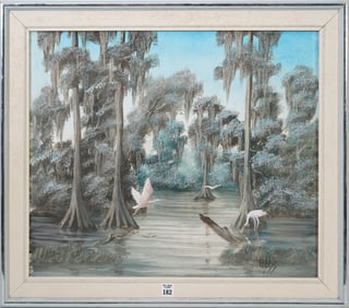 Joe D. Gibbs (Florida 1948 - 1998) Swamp Scene, 3 birds and cypress tree's with moss hanging from