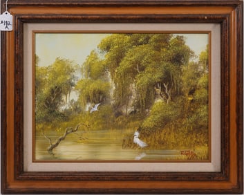 Joe D. Gibbs (Florida 1948 - 1998)  Oil painting on canvas. Backwater scene with birds,  Signed