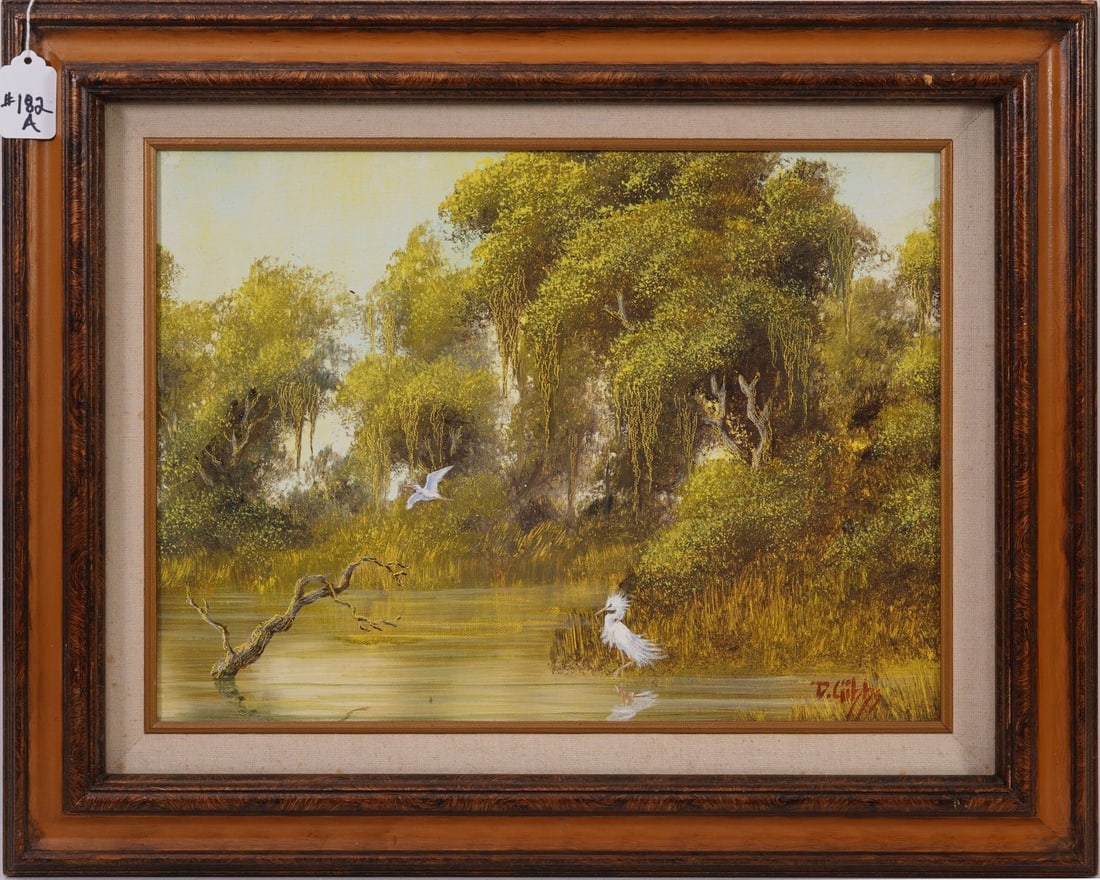Joe D. Gibbs (Florida 1948 - 1998) Oil painting on canvas. Backwater scene with birds, Signed: Joe D. Gibbs (Florida 1948 - 1998) Oil painting on canvas. Backwater scene with birds, Signed lower right D. Gibbs. canvas 17-1/2 x 21-1/2 inches.