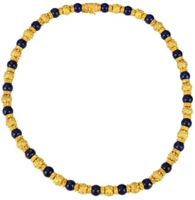 18K Yellow Gold Lapis Lazuli Necklace. Wt. 97 grams 18" and 24 Lapis beads 6mm each.