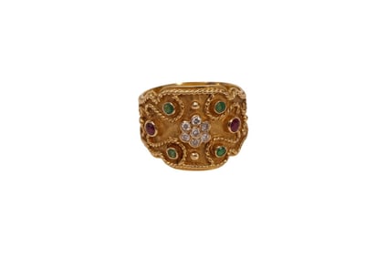 18K yellow Gold Byzantine Style Ruby & Emerald Ring. Size 9.5 wt. 12.1 grams
