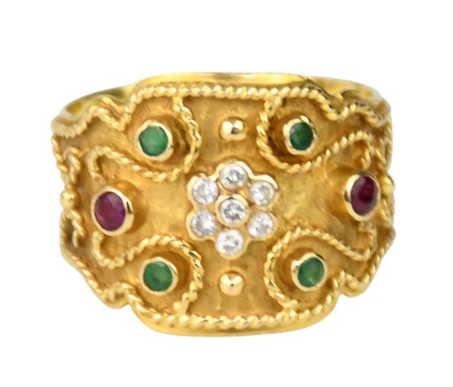 18K yellow Gold Byzantine Style Ruby & Emerald Ring. Size 9.5 wt. 12.1 grams (1 of 4)
