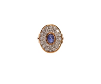 14K Yellow Gold Diamond Sapphire Ring. Size 7.5 wt. 8.8 grams, diamond I 1-2 G/H, 28 .02 diamonds