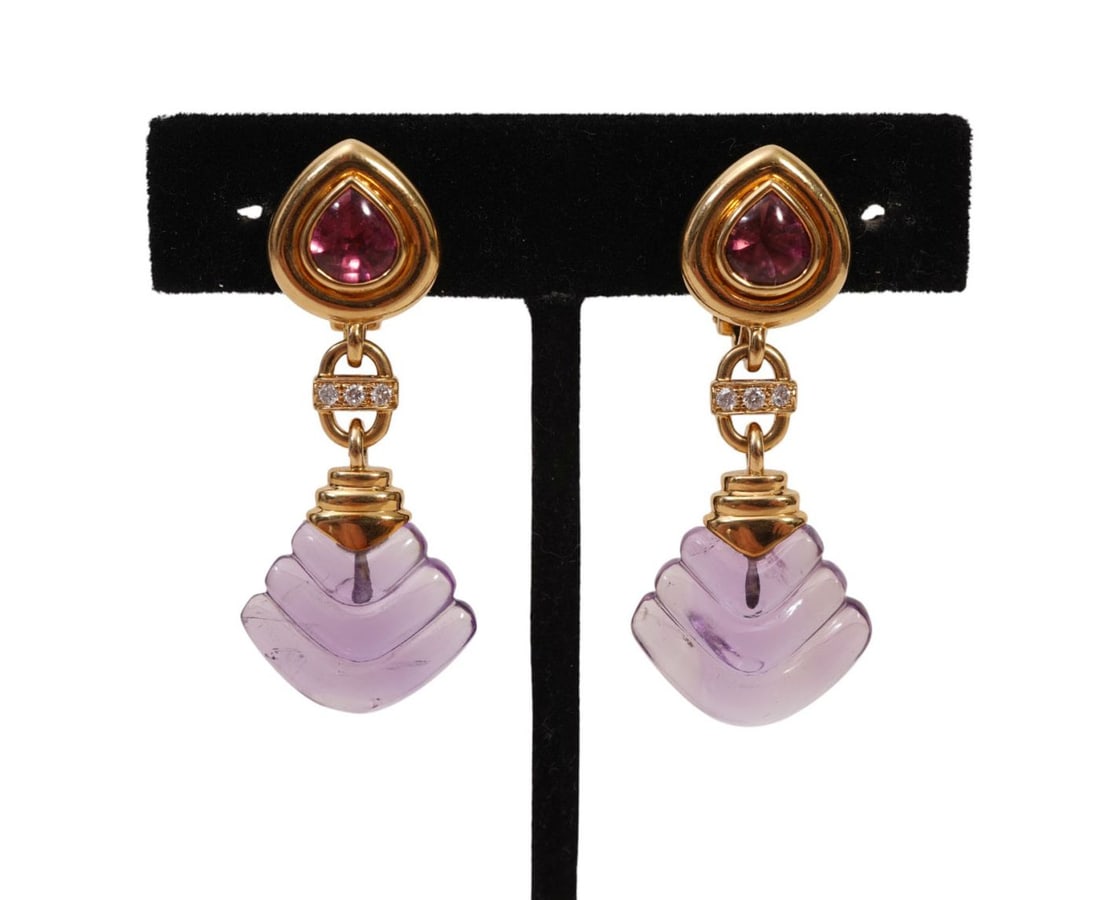 18K Yellow Gold Amethyst & Pink Sapphire Earrings. 19.2 grams, 1.5" with diamond accents: 18K Yellow Gold Amethyst & Pink Sapphire Earrings. 19.2 grams, 1.5" with diamond accents