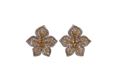 18K White & Yellow Gold Flower Shape Diamond Earrings. 13.5 grams 1"