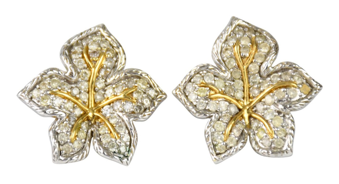 18K White & Yellow Gold Flower Shape Diamond Earrings. 13.5 grams 1" (1 of 3)