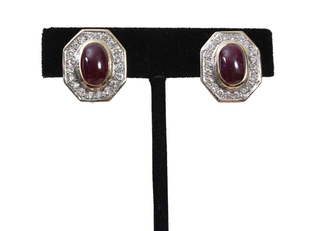 14K Yellow Gold Cabochon Ruby Diamond Earrings. Octagon Clip on Earrings 3/4" wt. 12.4 grams. (1 of 4)