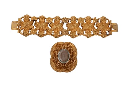18k Yellow Gold Ornate Bracelet Blue Topaz. 6" L and 2" at it widest. Wt. 56.8 grams. Brooch