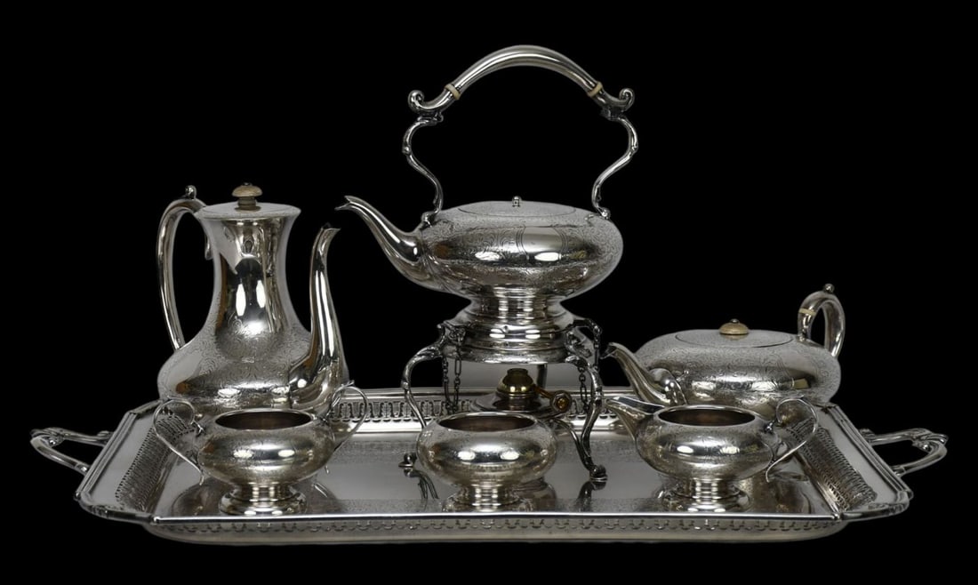 English Sterling 7pc. Tea set. Halmarks -Birmingham Charles S. Green silversmith and date 1936.: English Sterling 7pc. Tea set. Halmarks -Birmingham Charles S. Green silversmith and date 1936. total weight 235 ozt. Platter 28" x 18" largest piece in tea set is 9" x 11"