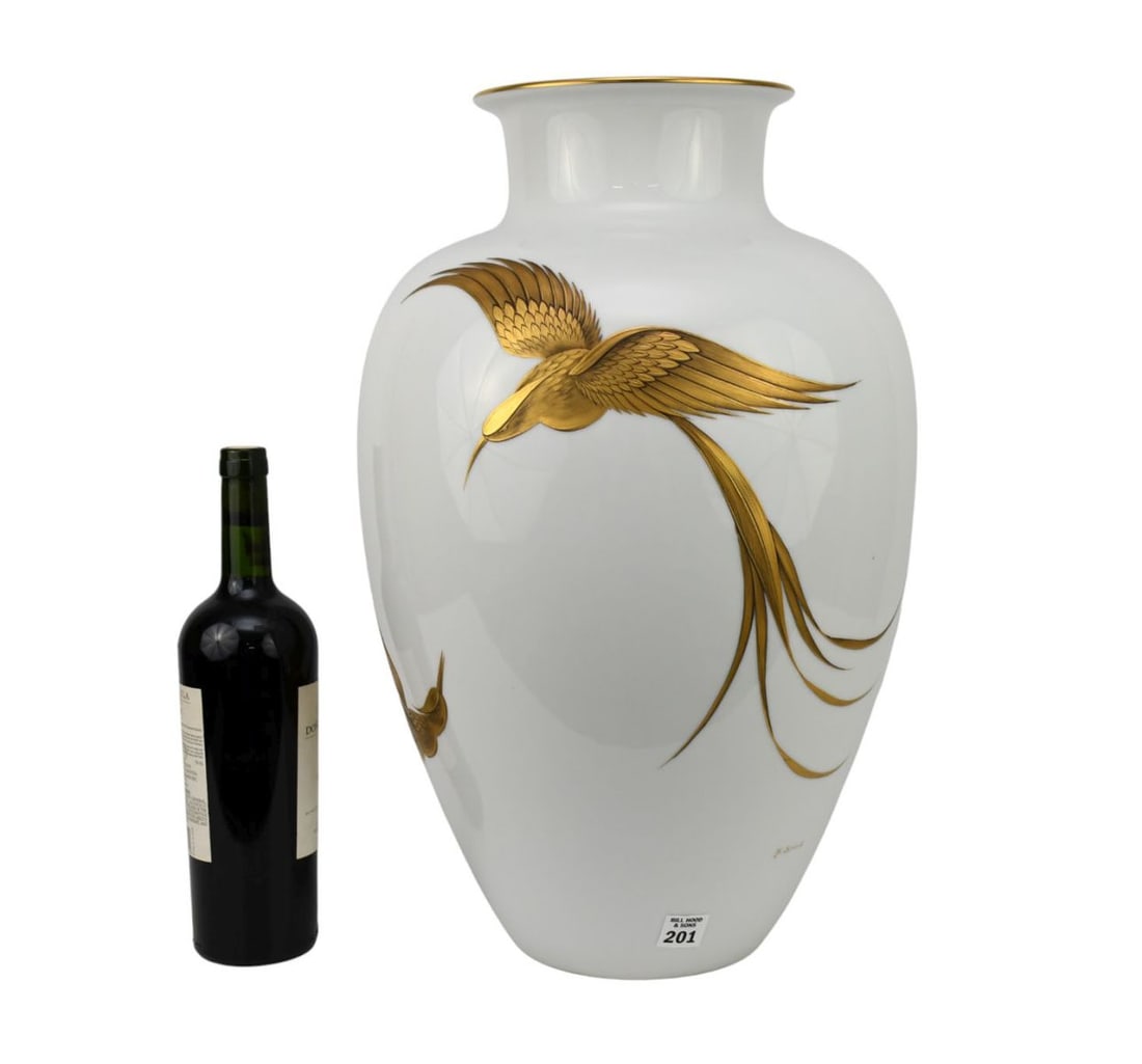 Bavaria Porcelain Oversized Vase with Gilded Birds in Flight, Signed H. Schmid, 20"h x 14"w (1 of 7)
