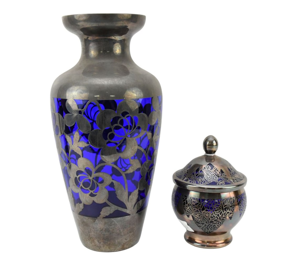 Cobalt Glass Vase With Silver Deposit with Floral Motif (14"h x 8"w, one crack) & Cobalt Glass (1 of 10)