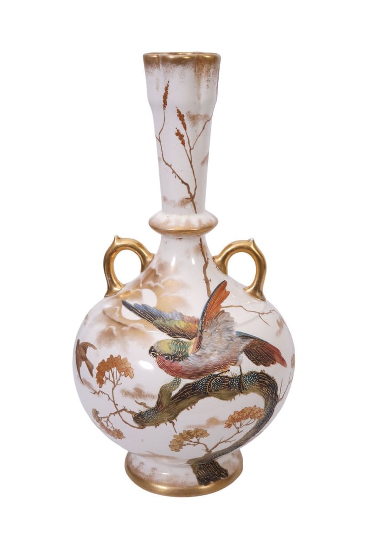 Continental Porcelain Ewer, Hand painted Birds in Flight on Tree Limbs with Gold Accents, 15"h x 8: Continental Porcelain Ewer, Hand painted Birds in Flight on Tree Limbs with Gold Accents, 15"h x 8 1/2"w