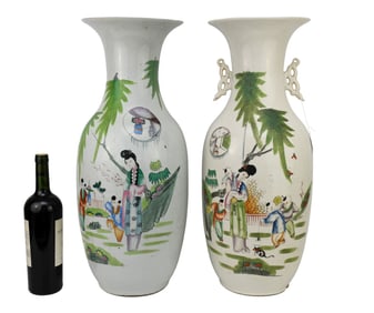 2 Oversized Chinese Vases, Figures & Landscape Motif, One with Handles, 23"h x