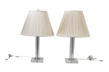 Pair Crystal Column Lamps on Attached Glass Base, 29"h x 6" Square Base