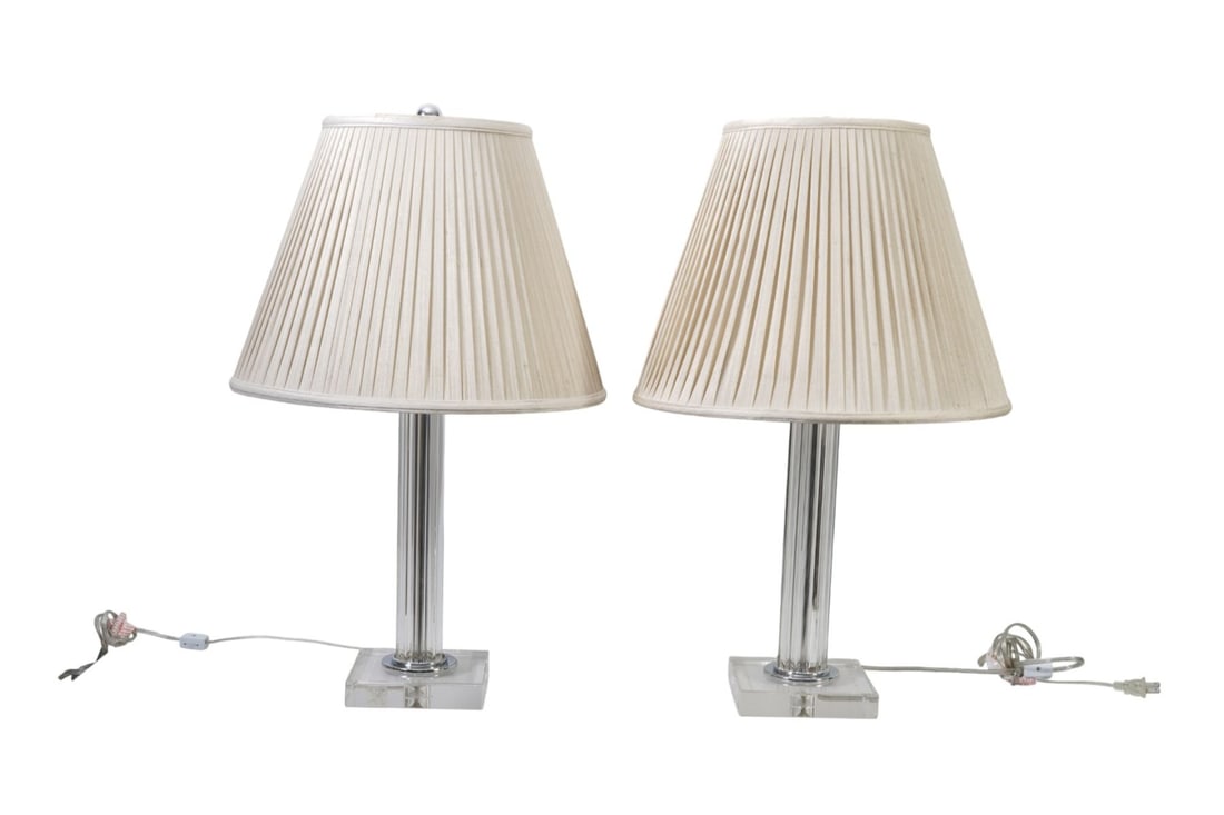 Pair Crystal Column Lamps on Attached Glass Base, 29"h x 6" Square Base (1 of 8)