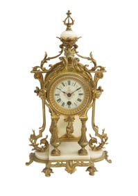 Antique Ornate French Brass Mantle Clock, Enamel Dial & Marble, 14"h x 8"w x 7"d