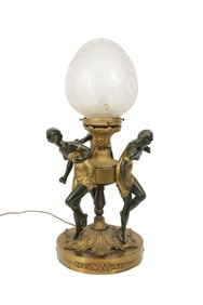 Art Deco Figural Bronze Lamp, 3 Art Deco Female Figural Supports With Egg Shaped Etched Frosted