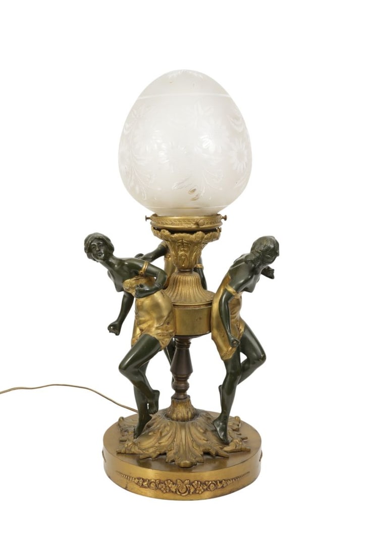 Art Deco Figural Bronze Lamp, 3 Art Deco Female Figural Supports With Egg Shaped Etched Frosted: Art Deco Figural Bronze Lamp, 3 Art Deco Female Figural Supports With Egg Shaped Etched Frosted Glass Globe, 22"h x 9"dia (patina wearing off)