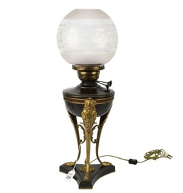 Antique Converted Kerosene Lamp, 3 Brass Satyr Supports with Etched Glass Globe, 22"h x 8"dia