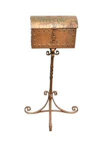 Antique Offering Box, "Customary Offering 10 Cent" Stenciled on Iron Box Attached to Wrought Iron