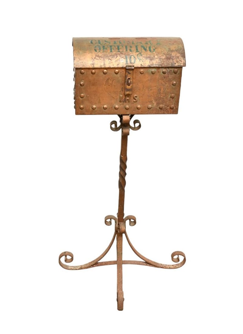 Antique Offering Box, "Customary Offering 10 Cent" Stenciled on Iron Box Attached to Wrought Iron (1 of 4)