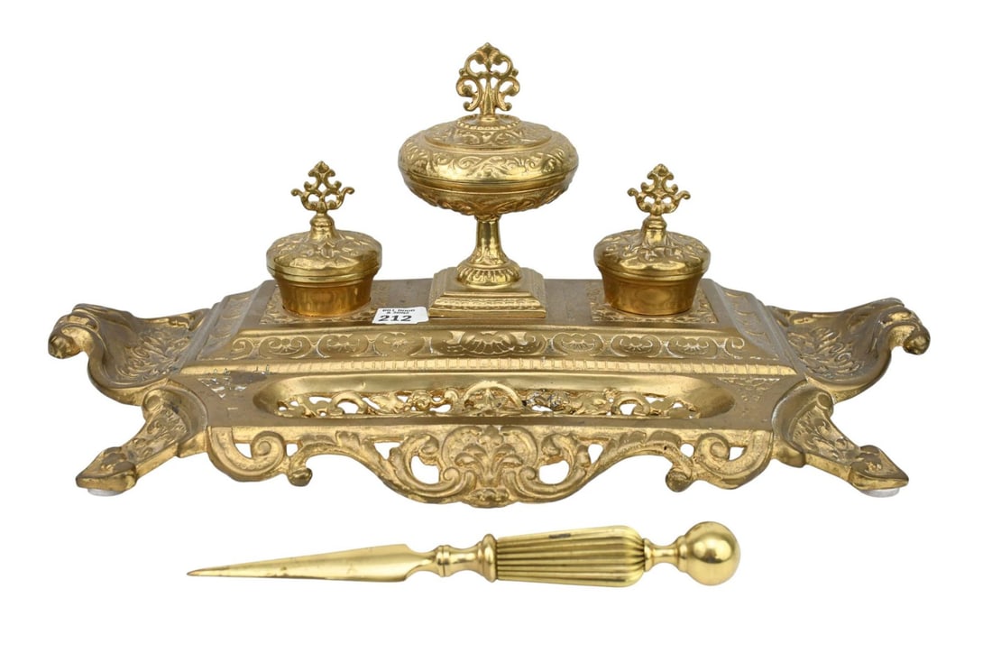 Ornate Victorian Bronze/Brass Ink Stand With 2 Inkwells, 8"h x 19"w x 10"d (1 of 7)