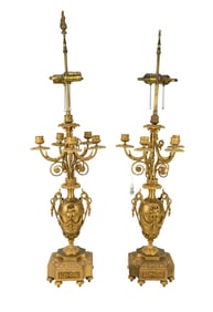Pair Antique French Style 5 Light Gilt Bronze Candelabras, 37"h x 11"w (missing one finial)