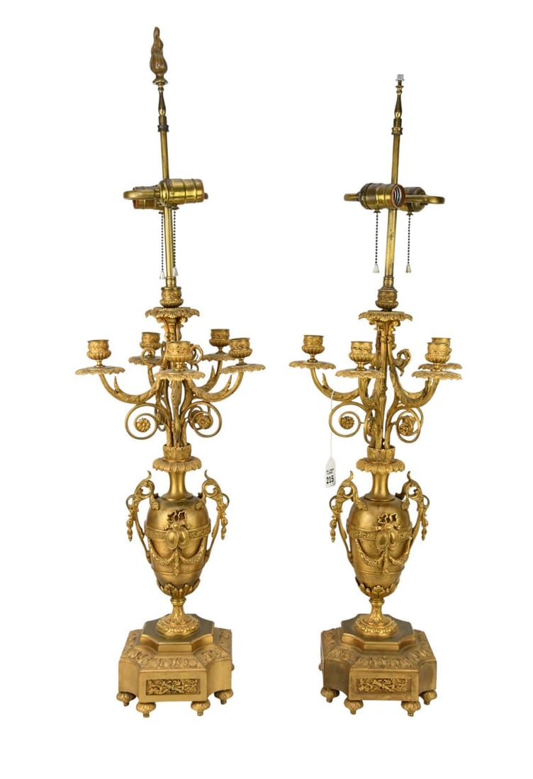 Pair Antique French Style 5 Light Gilt Bronze Candelabras, 37"h x 11"w (missing one finial) (1 of 10)