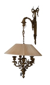 Victorian Hanging Gilded Bronze Wall Sconce, 5 Light with Bow & Cornucopia Motif, 33"H x 13"w