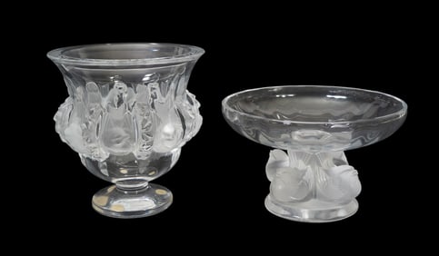 2 pc Lalique lot A: Lalique France Crystal "Nogent" Compote bowl 3.5" high x 5.5" dia Some water