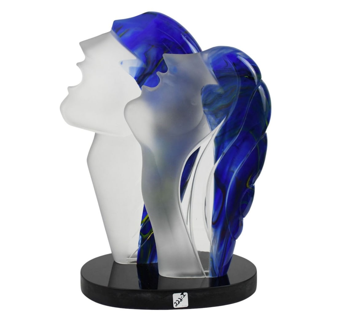 Signed Murano Art Glass Sculpture, Modernist Heads Male & Female - Italian, 20th century. Murano art: Signed Murano Art Glass Sculpture, Modernist Heads Male & Female - Italian, 20th century. Murano art glass sculpture in clear and frosted glass, the back of the heads with marbleized blue ground accen