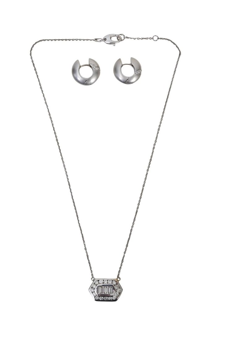 14K White Gold Necklace, Diamond Pendant & Earrings. Necklace 16", Pendant .5" x .75" with round & (1 of 10)