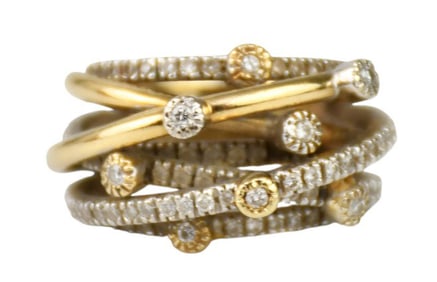 14K yellow Gold Criss Cross Diamond Ring. Size 4.5 wt. 13.8 grams