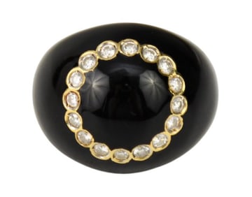 18K Yellow Gold Onyx Diamond Ring. Size 3.5-4 wt. 16 grams
