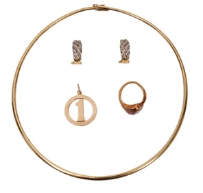 14K Yellow Gold Lot. Omega necklace 15" , rose gold ring size 6.25, #1 pendant and Diamond White and