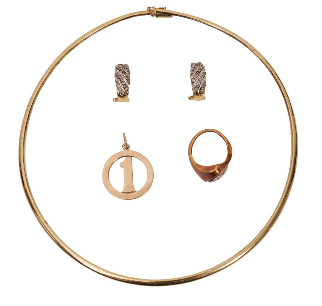 14K Yellow Gold Lot. Omega necklace 15" , rose gold ring size 6.25, #1 pendant and Diamond White and: 14K Yellow Gold Lot. Omega necklace 15" , rose gold ring size 6.25, #1 pendant and Diamond White and Choc0late Earrings. Wt 34.8