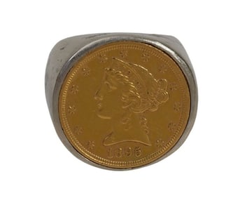 14K White Gold Coin Ring. 1895 5 dollar gold coin. Ring size 9 wt. 23.6 grams. 1895 Liberty Head $5