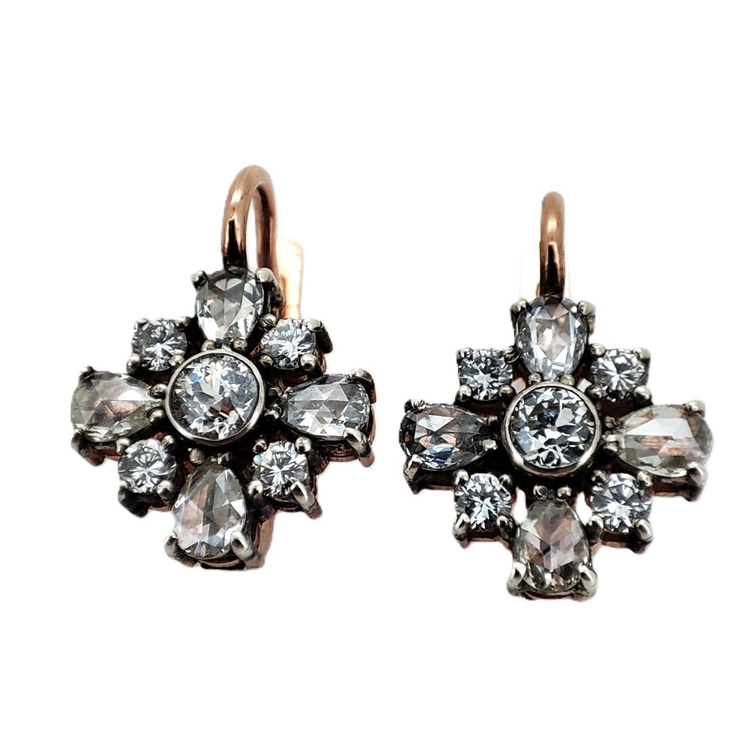 Vintage Imperial Russian 14 K Rose Gold, Rose Cut Diamond Approx 2.00 Ct Earrings. Total weight; 5.1: Vintage Imperial Russian 14 K Rose Gold, Rose Cut Diamond Approx 2.00 Ct Earrings. Total weight; 5.1 grams. Dimensions; L 19.00 mm. W 14.00 mm. Russian hallmarks; 56 FL Cyrillic