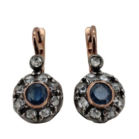 Vintage Imperial Faberge Style 14 K Rose Gold Diamonds Sapphire Earrings. Rose cut Diamonds Approx