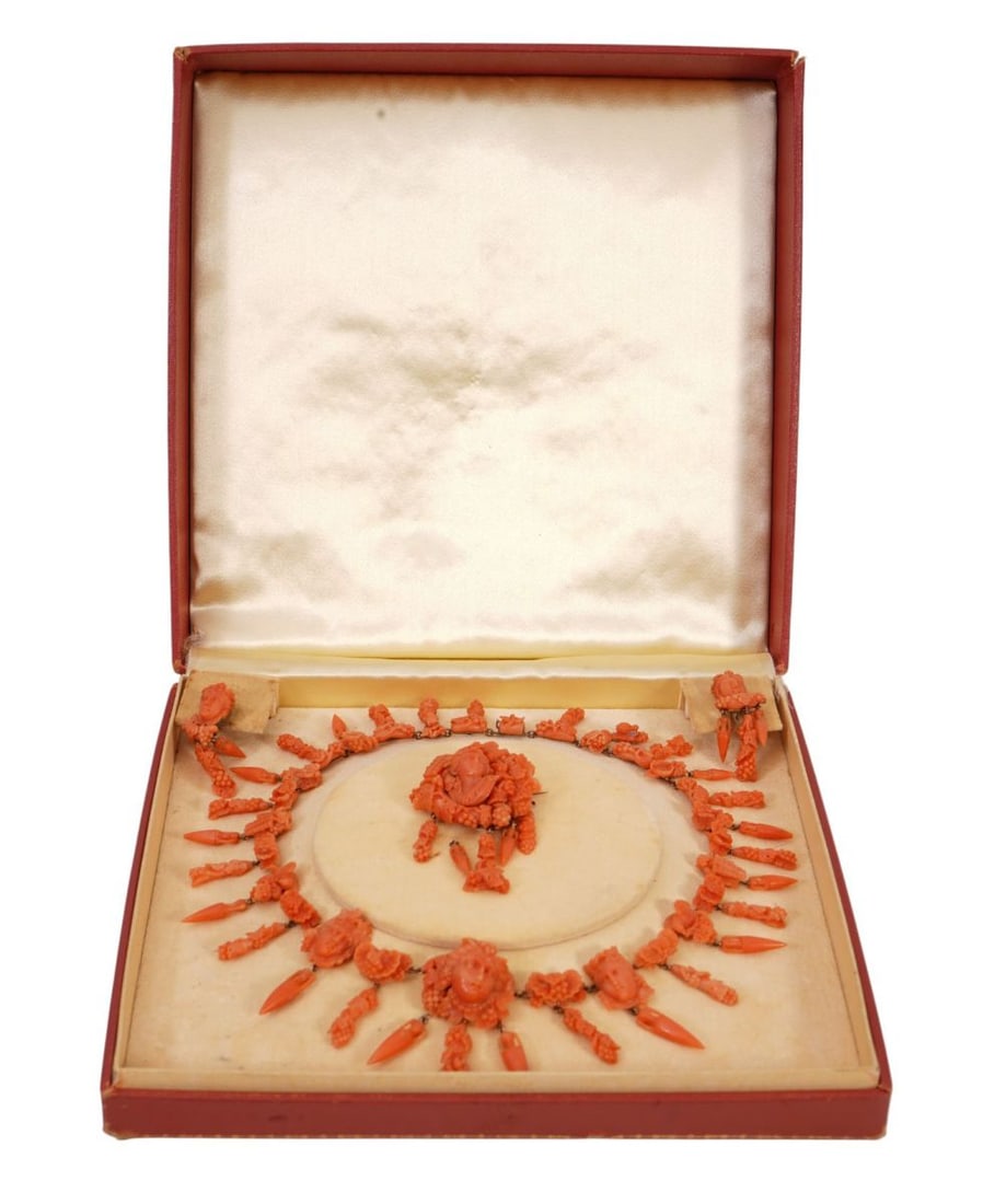 Coral Jewelry Suite Of Necklace, Pin And Earrings, Circa 1870, Each Piece is of Intricately carved: Coral Jewelry Suite Of Necklace, Pin And Earrings, Circa 1870, Each Piece is of Intricately carved Salmon Colored Coral, The motif is Female Heads with Vine Leaves, Grapes and Greek Wine Urns, The Nec