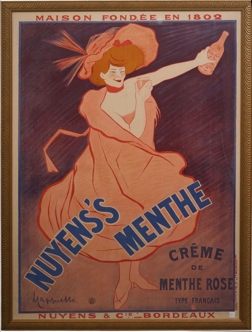Nuyens’s Menthe – Crème de Menthe Rose. France, circa 1900. Color lithographic poster on paper,: Nuyens’s Menthe – Crème de Menthe Rose. France, circa 1900. Color lithographic poster on paper, Framed 59 x 43 inches. A lively Belle Époque advertising poster for Nuyens’s Crème de Menthe