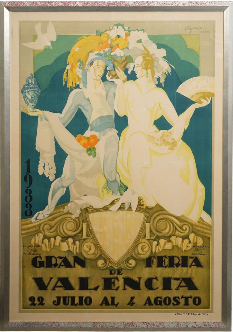 Gran Feria de Valencia, Spain 1928. Color lithographic poster on paper Framed 68 x 49-1/4 inches. A: Gran Feria de Valencia, Spain 1928. Color lithographic poster on paper Framed 68 x 49-1/4 inches. A luminous and celebratory Spanish festival poster announcing the 1928 Gran Feria de Valencia,